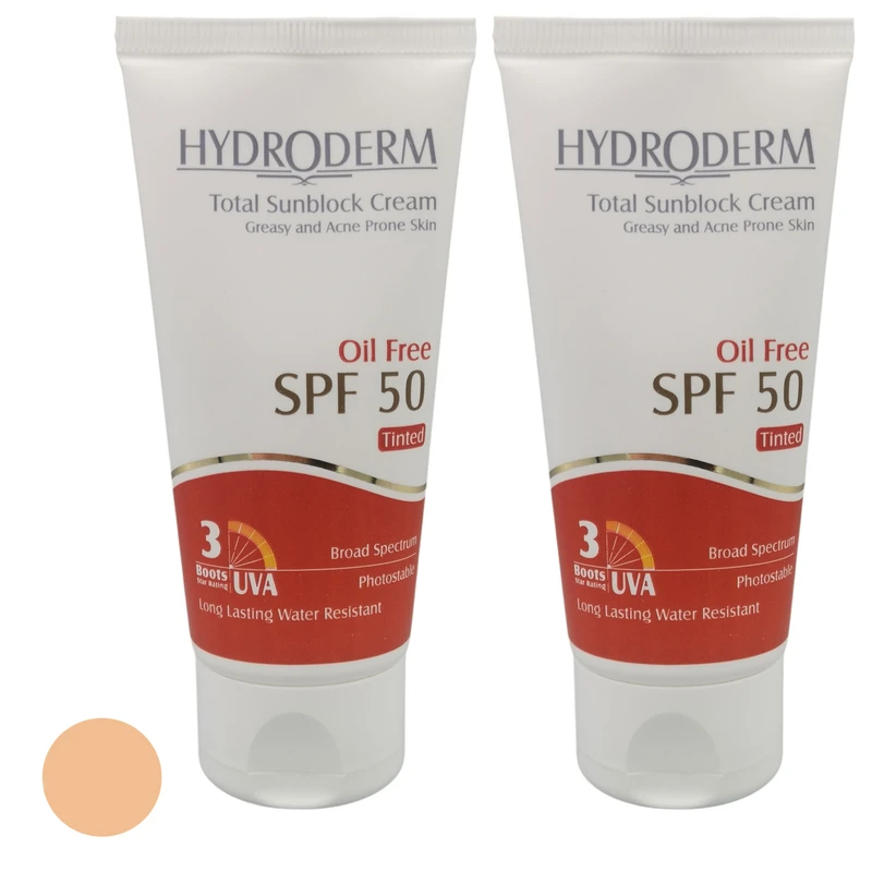 کرم ضد آفتاب رنگی هیدرودرم SPF 50 مدل Medium Beige، حاوی محافظ UVA ،UVB، ضدآب، فاقد چربی، حاوی عصاره جوجوبا، حجم 50 میلی‌لیتر مجموعه دو عددی