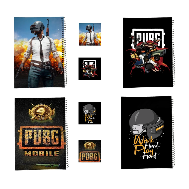 دفتر مشق 100 برگ مدل پابجی به همراه برچسب مجموعه 8 عددی