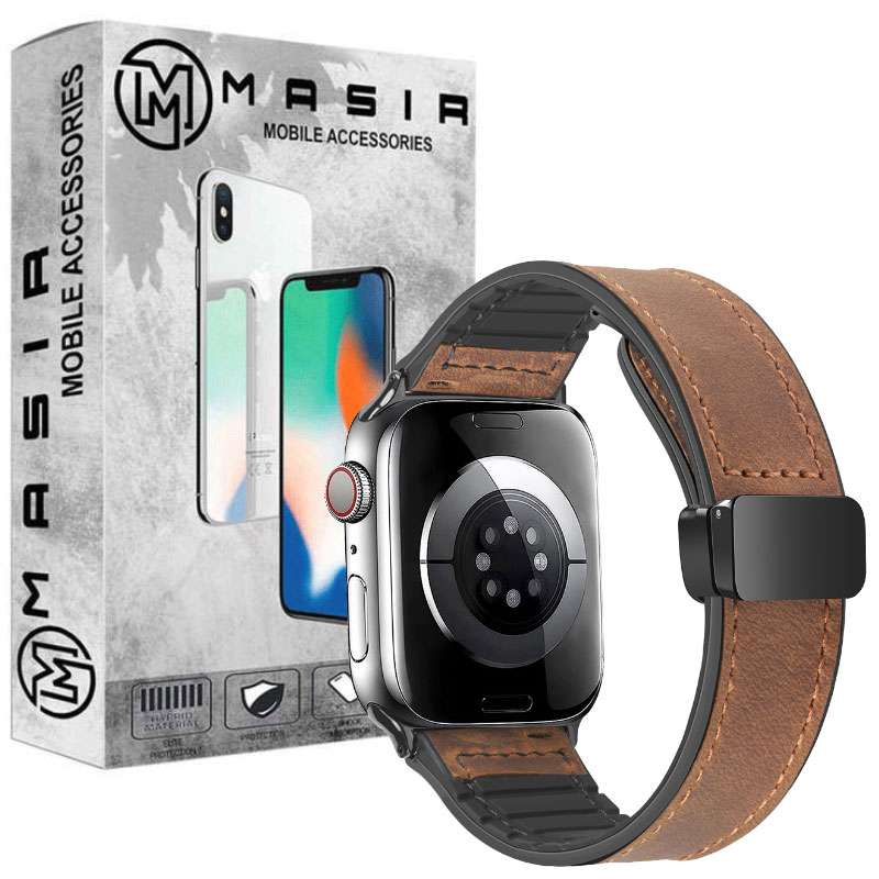 بند مسیر مدل Magnetic Leather Silicon مناسب برای اپل واچ سری 1/2/3/4/5/6/7/8/9/SE سایز 38/40/41 میلی متری