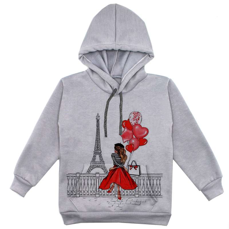 هودی دخترانه مدل دختر و ایفل F58 رنگ طوسی