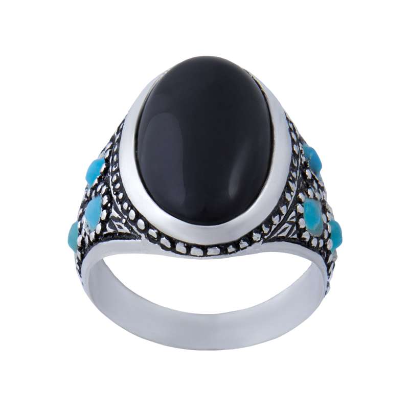 انگشتر نقره مردانه مدل سنگ عقیق مخراج فیروزه کد AM_003