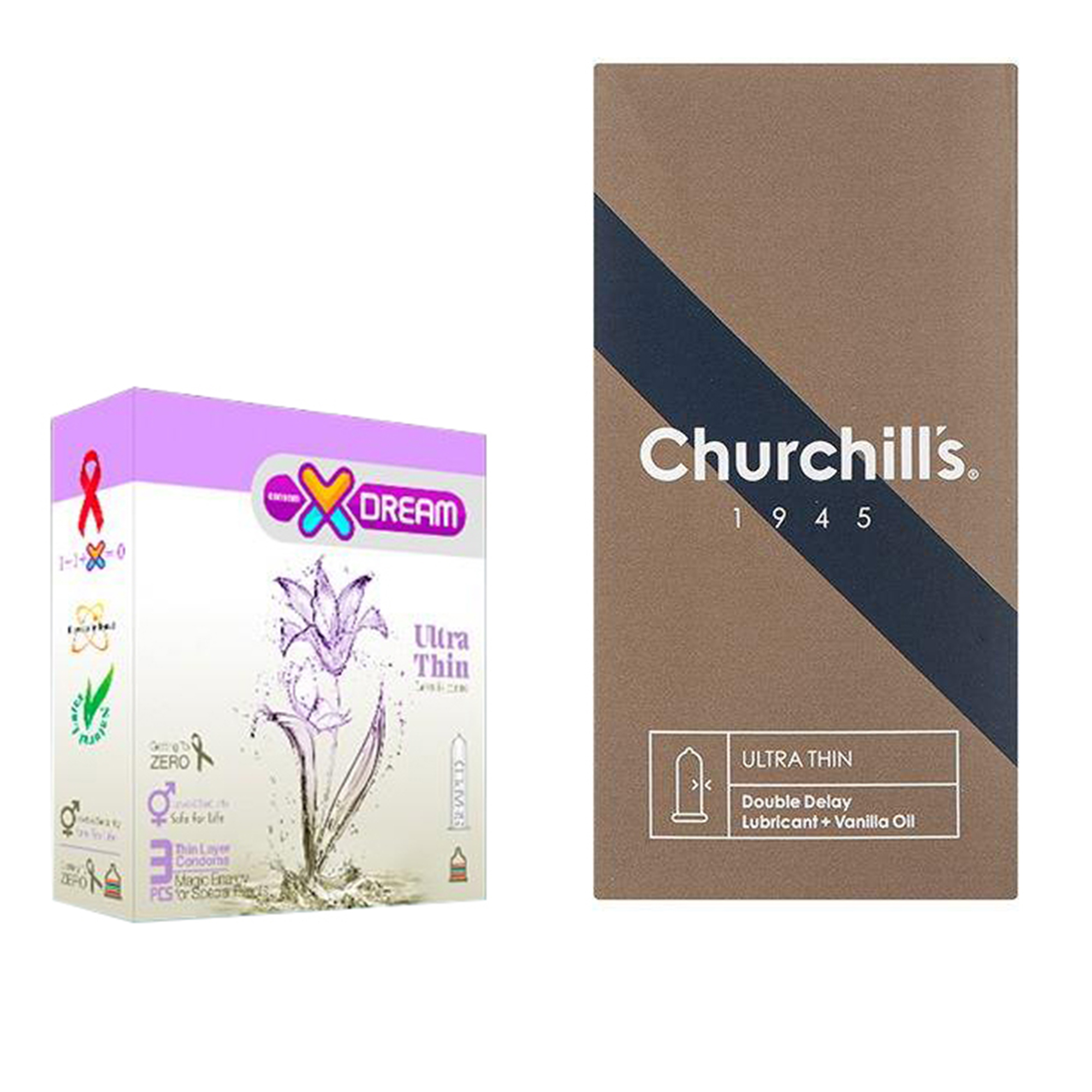 کاندوم چرچیلز مدل Ultra Thin Double Delay بسته 12 عددی به همراه کاندوم ایکس دریم مدل Ultra Thin بسته 3 عددی