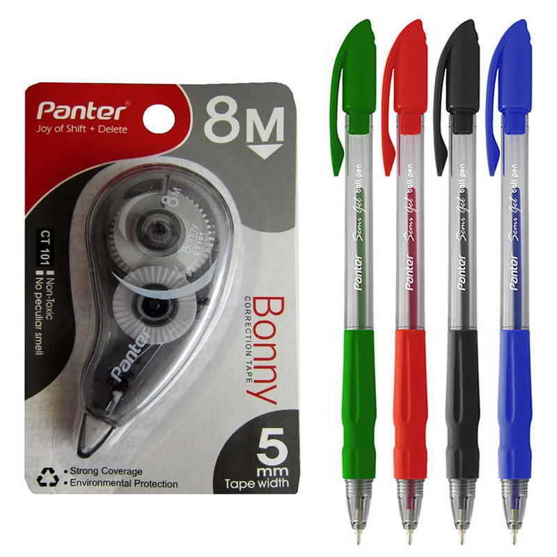 خودکار پنتر مدل سیمی ژل به همراه غلط گیر نواری پنتر مجموعه 5 عددی