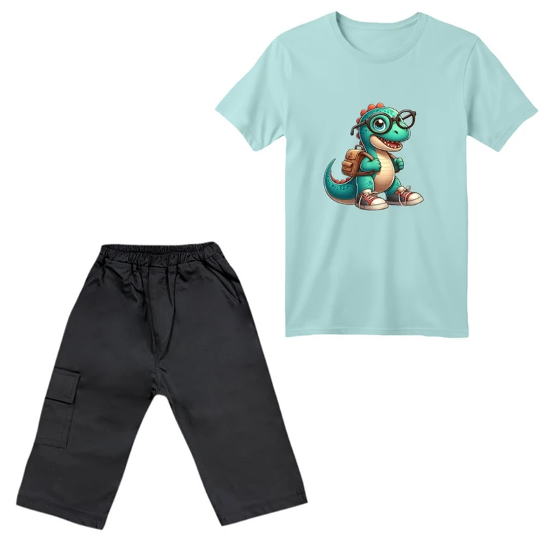 ست تی‌شرت آستین کوتاه و شلوارک پسرانه مدل دایناسور کد 07