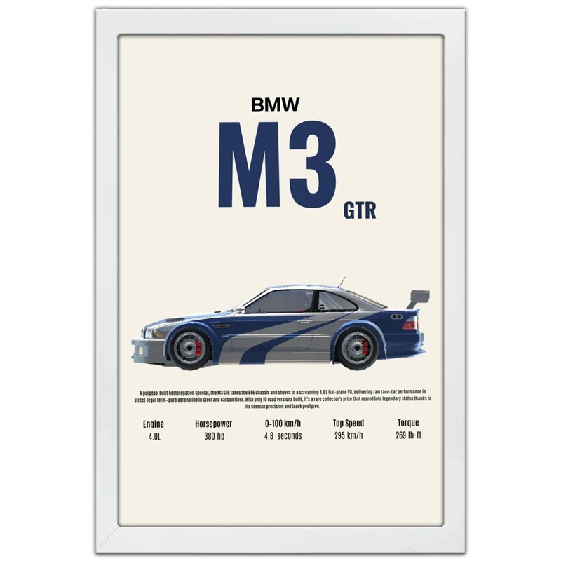 تابلو بکلیت طرح ماشین و خودرو بی ام و BMW M3 GTR NEED FOR SPEED MOST WANTED مدل W-po1951 فریم سفید