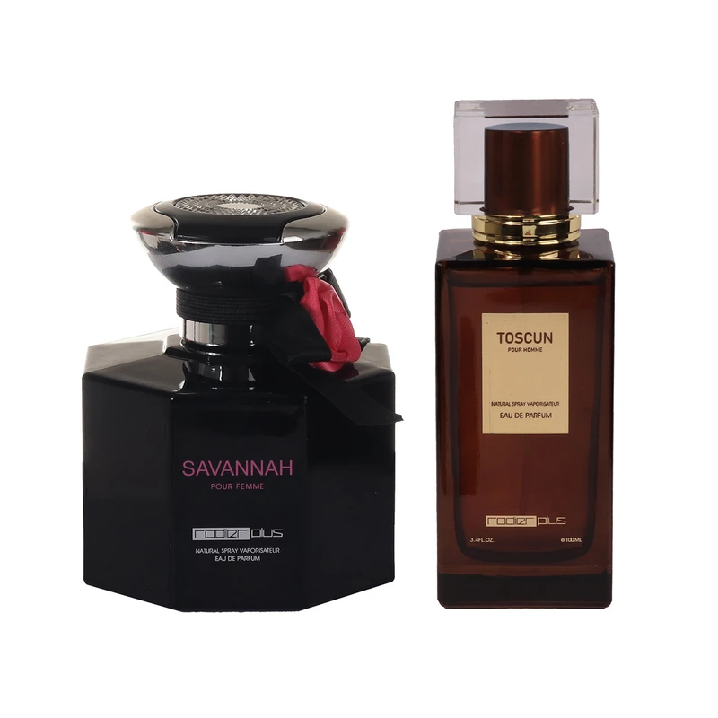 ادوپرفیوم مردانه رودیر پلاس مدل Toscun با رایحه گرم حجم 100 میلی‌لیتر به همراه ادوپرفیوم زنانه رودیر پلاس مدل Savannah با رایحه شیرین حجم 100 میلی‌لیتر