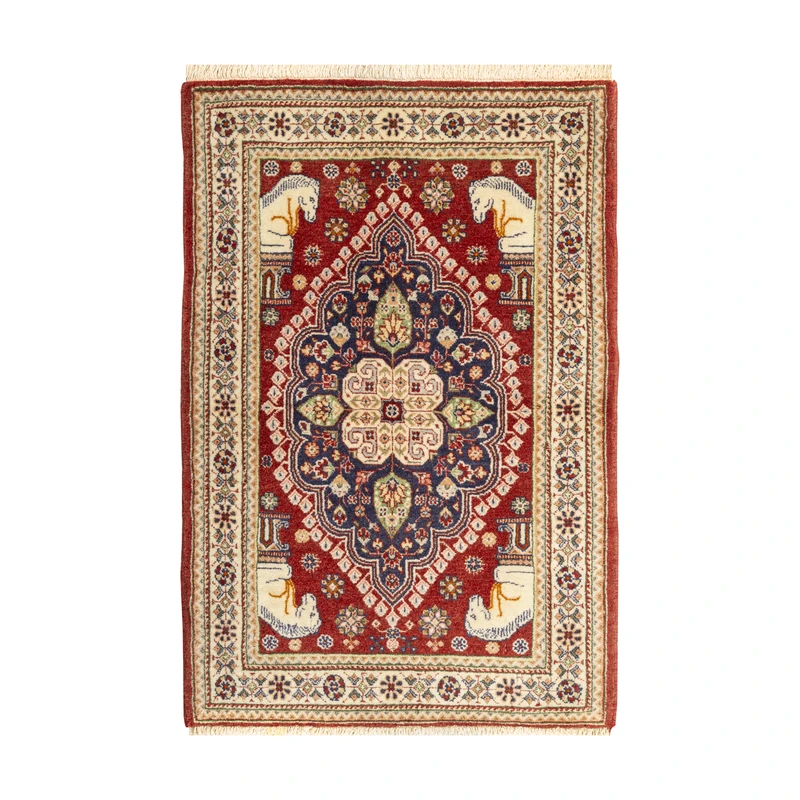 فرش دستبافت نیم متری طرح قشقایی کد 45P10061P10062 زمینه لاکی مجموعه دو عددی