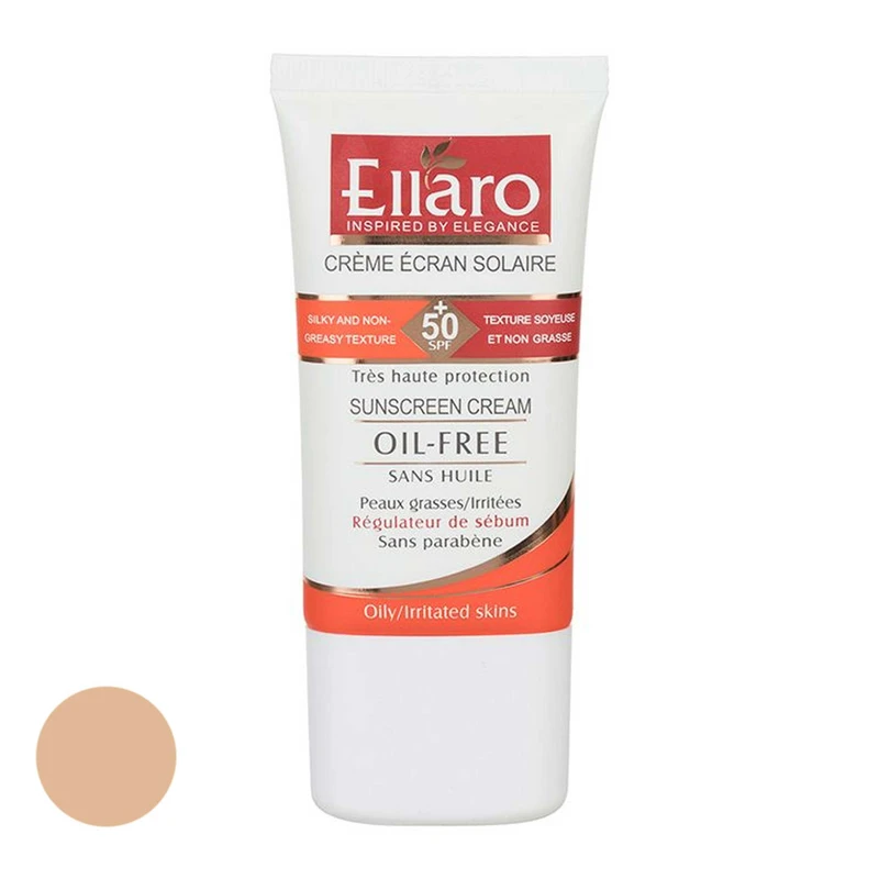 کرم ضد آفتاب رنگی الارو، SPF50، مدل Teinte Foncee، مناسب پوست‌های چرب با تنالیته متوسط و حجم 40 میلی‌لیتر، محافظت‌کننده در برابر اشعه‌های UVA و UVB، ضد چروک، ضد لک و پیری، دارای فرمولاسیون فاقد چربی، با ماندگاری 2 ساعته