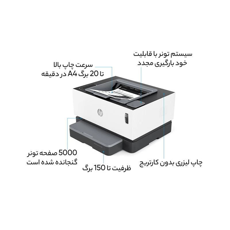 پرینتر اچ پی تک رنگ تک کاره با چاپ لیزری مدل Neverstop Laser 1000A، سایز چاپ A4