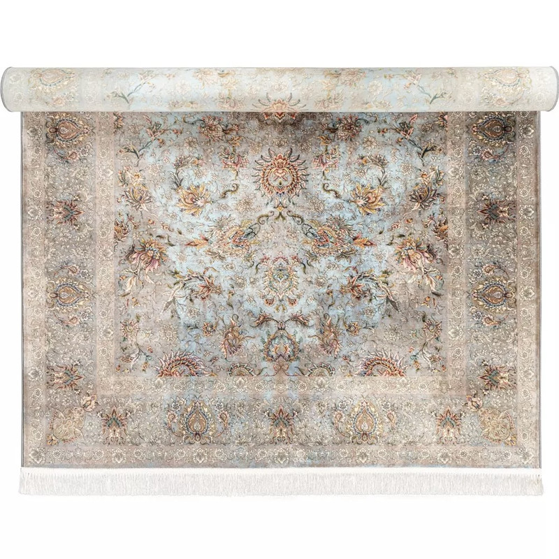 فرش ماشینی 1200 شانه محتشم زمینه و حاشیه آبی مدل پتینه