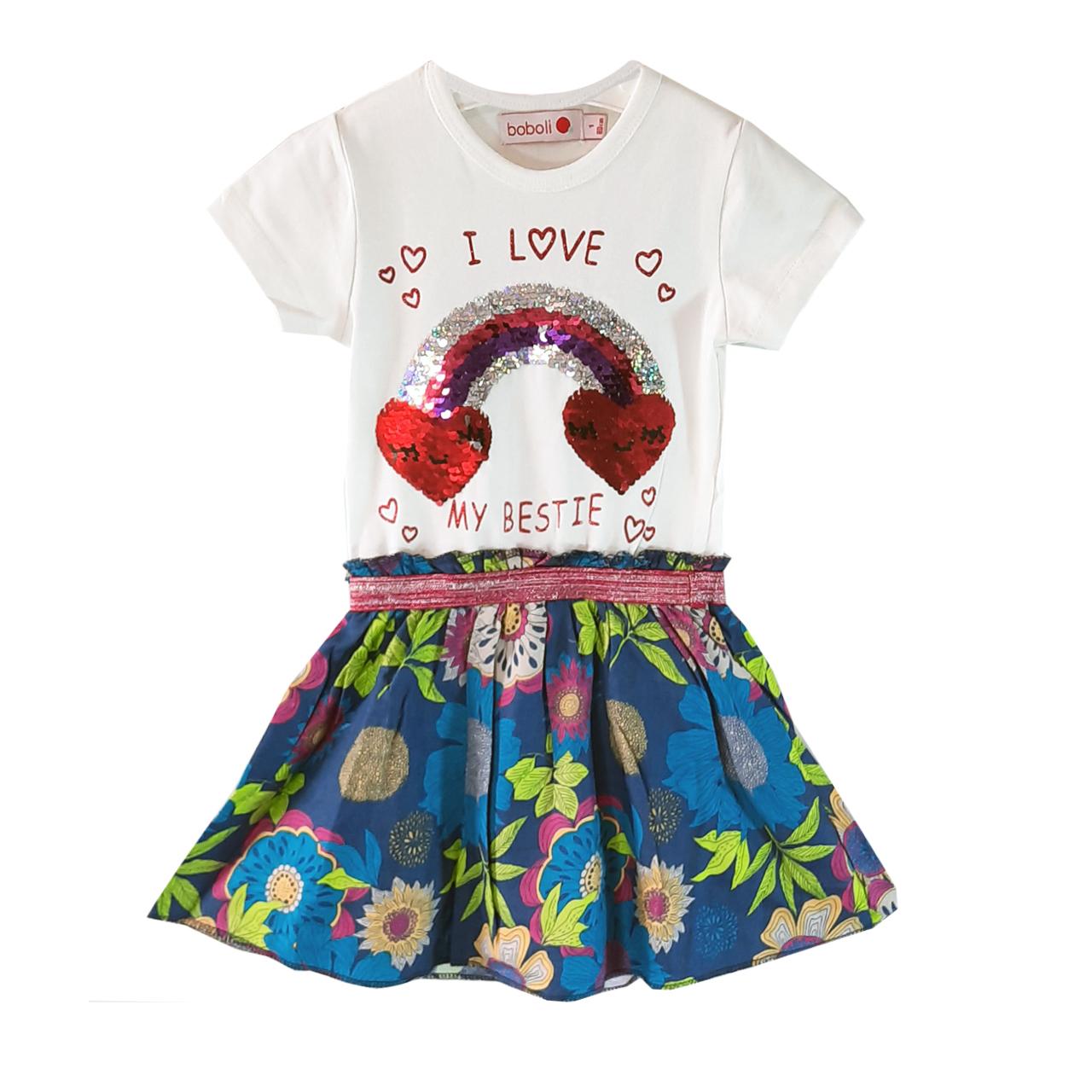 پیراهن دخترانه بوبولی مدل پولک برگردان رنگین کمان