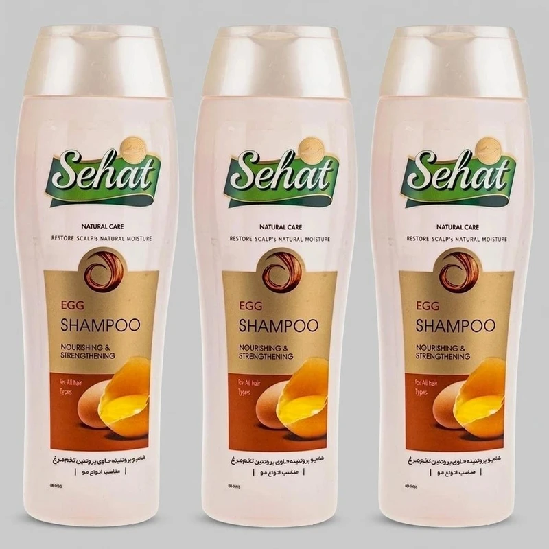 شامپو مو تقویت‌کننده صحت مدل تخم مرغ حجم 300 میلی‌لیتر بسته 3 عددی، حاوی عصاره تخم مرغ و گلیسیرین، مناسب انواع مو، افزایش مقاومت و نرمی مو و پوست سر، سرشار از پروتئین