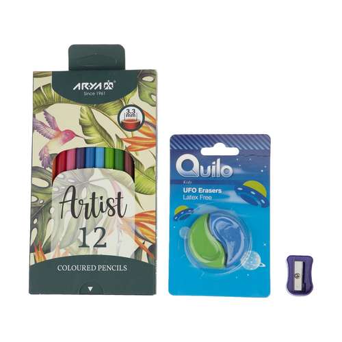 مداد رنگی 12 رنگ آریا مدل آرتیست به همراه پاک کن و تراش