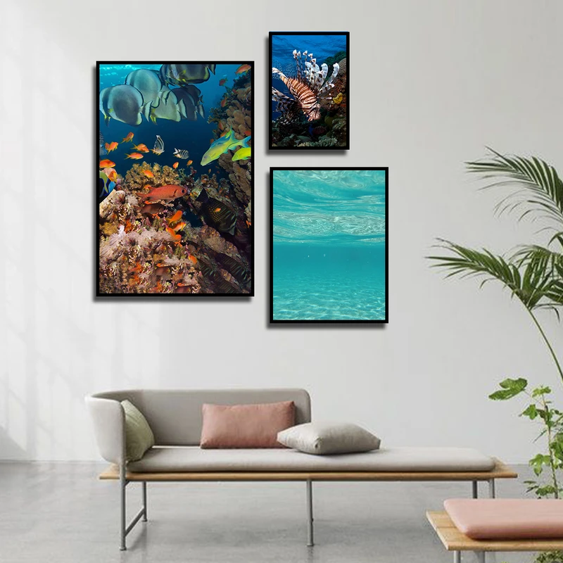 تابلو بکلیت طرح طبیعت اقیانوس و ماهی مدل B-3257 فریم مشکی مجموعه 3 عددی
