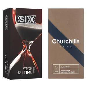 کاندوم چرچیلز مدل Ultra Thin Double Delay بسته 12 عددی به همراه کاندوم سیکس مدل Stop Time بسته 12 عددی 