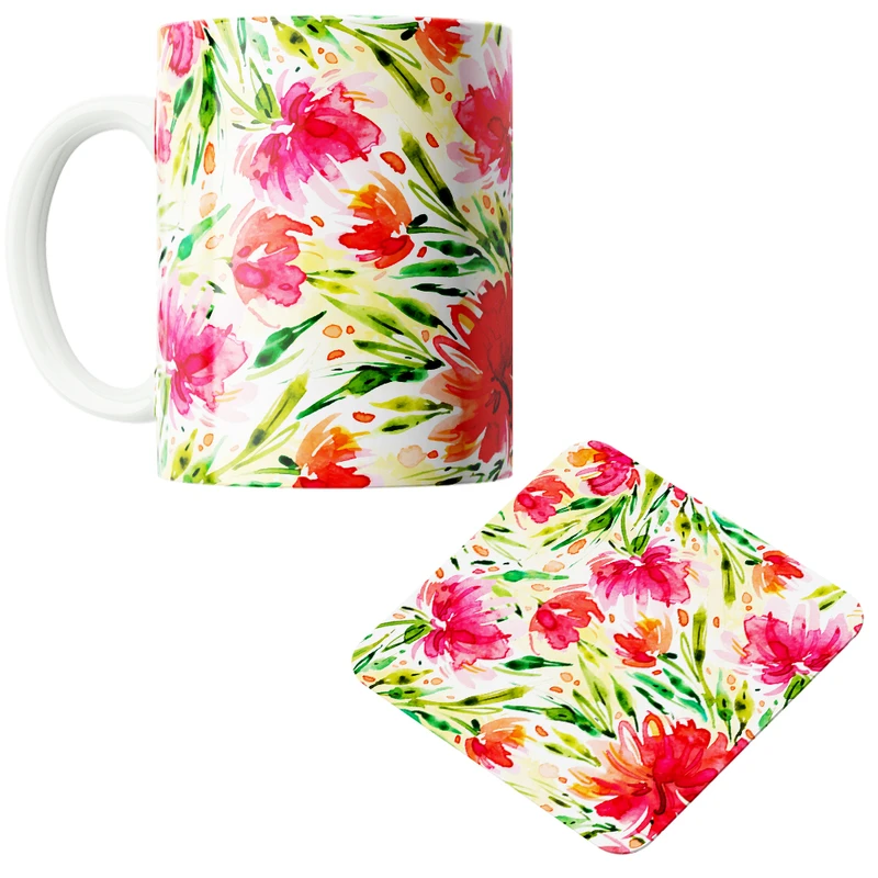 ماگ پاد آفرین مدل بهار طرح گل و برگ کد PZ304 به همراه زیرلیوانی