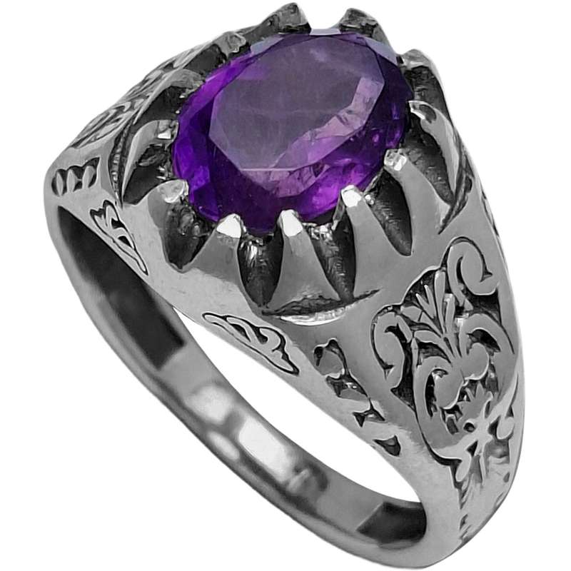 انگشتر نقره آمیتیست مردانه مدل دوازده‌چنگ