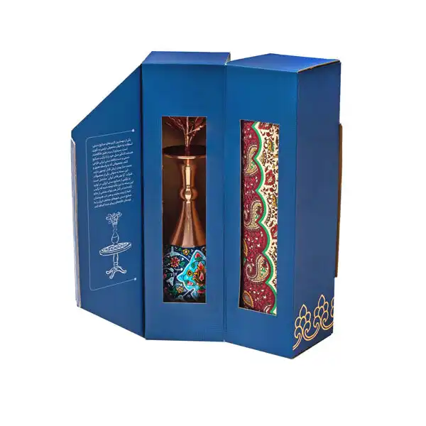 ست هدیه گلدان فیروزه کوب و گل مسی و ترمه آرا هنر فاخر ایرانی مدل V205