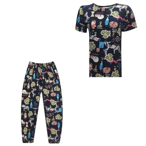 ست تی شرت آستین کوتاه و شلوار زنانه مدل گیاهی ابر و بادی کد tm-1825 رنگ سرمه ای