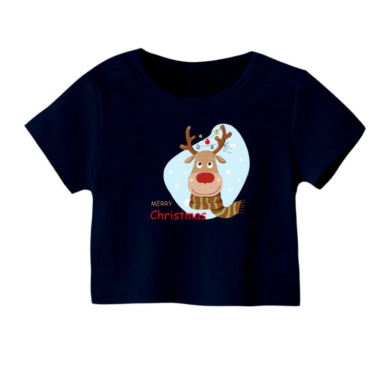 کراپ‌ تی‌شرت آستین کوتاه زنانه مدل گوزن کریسمس کد 28