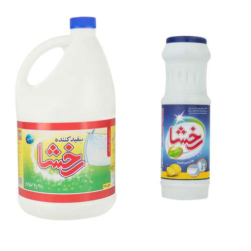 مایع سفید کننده رخشا مدل 001 وزن 4 کیلوگرم به همراه پودر تمیز کننده سطوح رخشا مدل 003 وزن 500 گرم