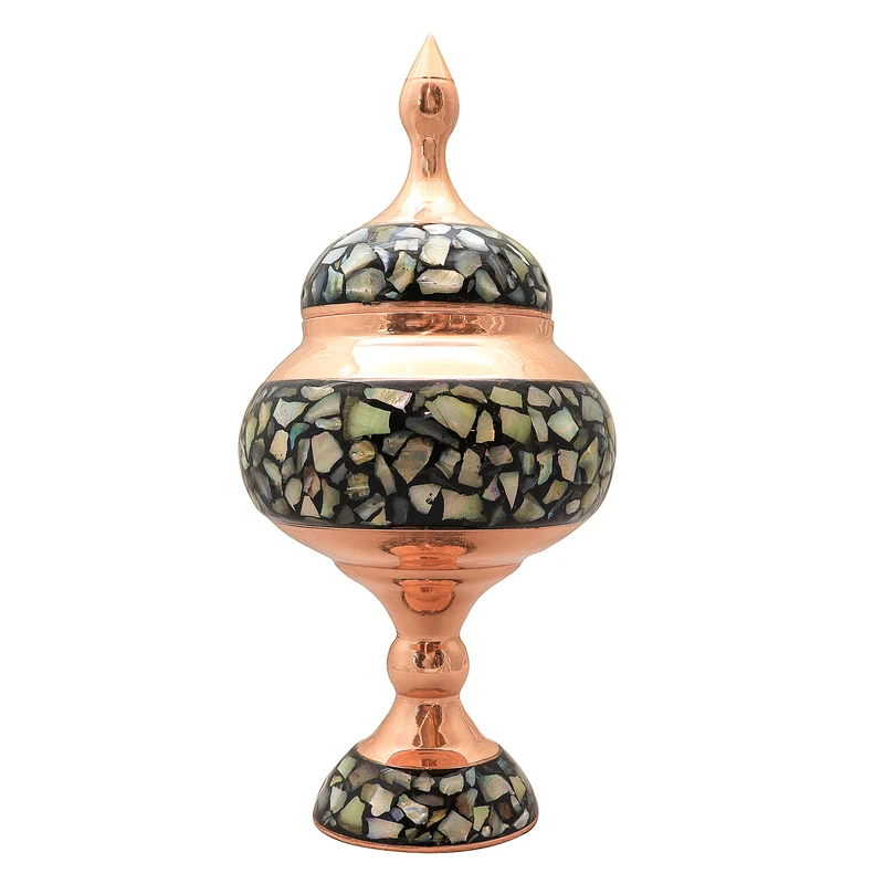 شکلات خوری فیروزه کوبی مسی صنایع دستی فاخر مدل صدف‌ کوب کد Inlaid22p10 