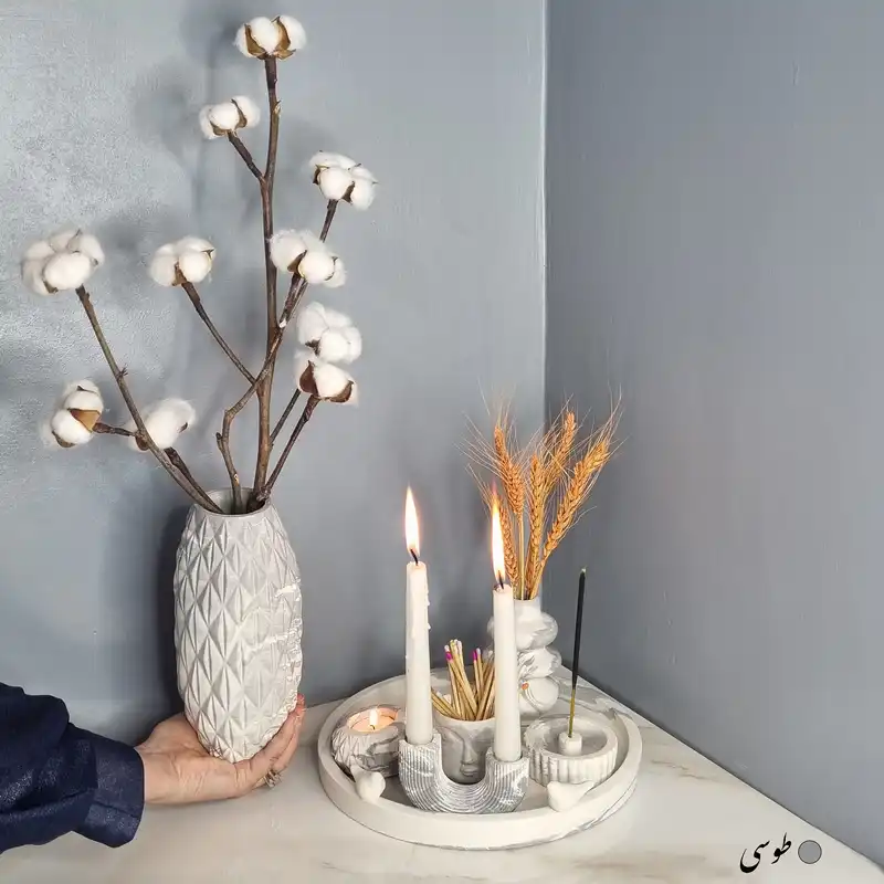 ست 7 تکه جاشمعی و گلدان بتنی طرح سنگ مدل یاسمین