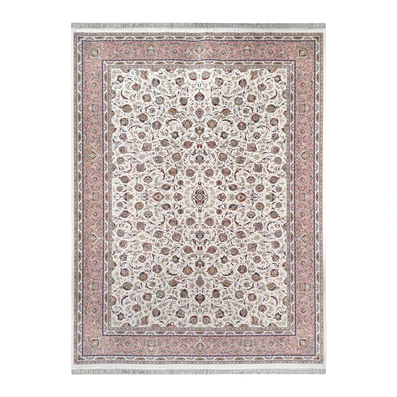 فرش ماشینی 1500 شانه فرش زمرد مشهد زمینه کرم حاشیه صورتی مدل 45000