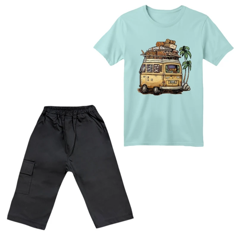 ست تی‌شرت آستین کوتاه و شلوارک پسرانه مدل ماشین کد ۷ رنگ آبی روشن