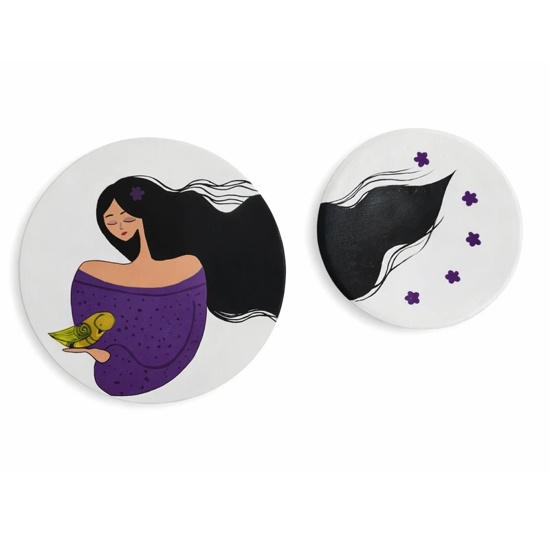 بشقاب دیوارکوب سفالی طرح دخترک کد D459 مجموعه 2 عددی