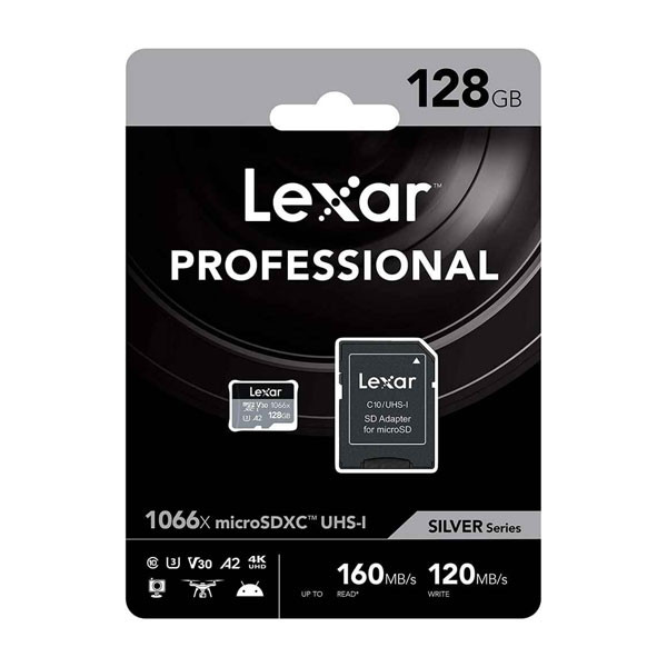 کارت حافظه microSDXC لکسار مدل 1066X کلاس A2 استاندارد UHS-U3 سرعت 160MBps ظرفیت 128گیگابایت به همراه آداپتور SD