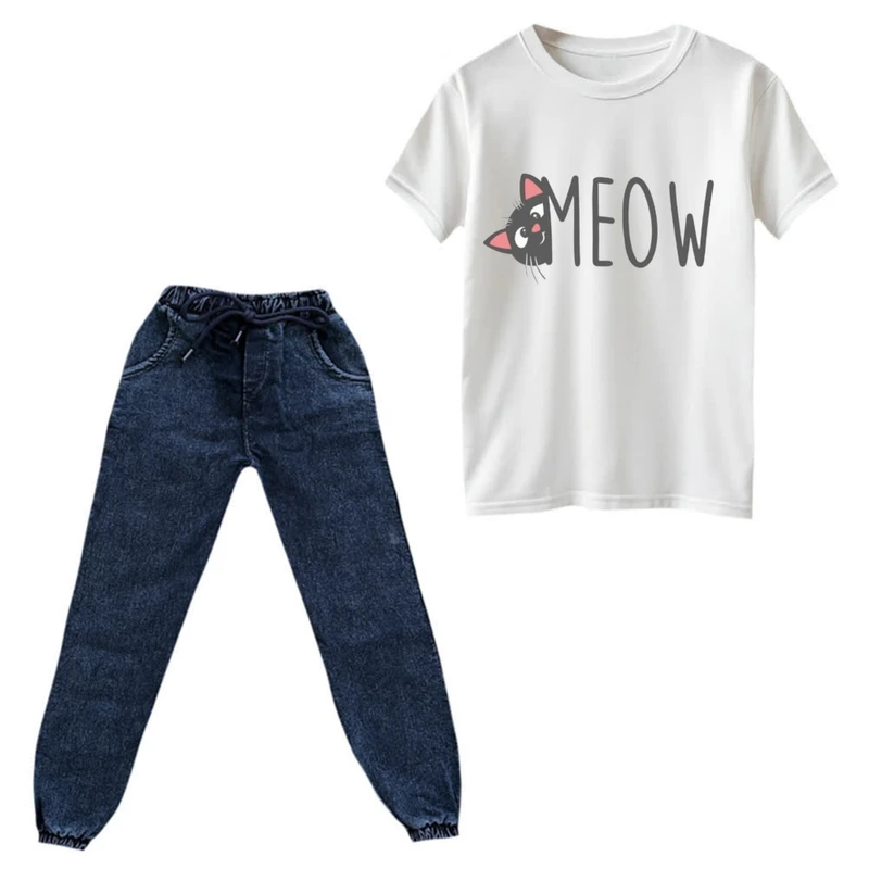 ست تی‌شرت و شلوار دخترانه مدل گربه کد 5