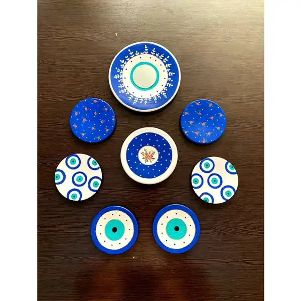 بشقاب دیوارکوب سفالی مدل هفت سین چشم و نظر کد 0008 مجموعه 8 عددی