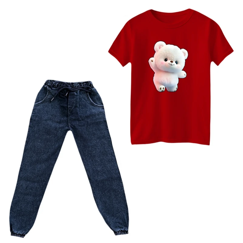 ست تی‌شرت و شلوار دخترانه مدل خرس رنگ قرمز