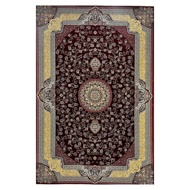 فرش ماشینی 700 شانه زمینه لاکی حاشیه زرد مدل خاتون 