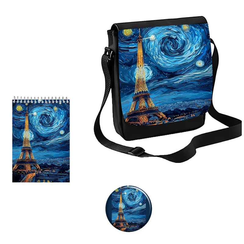 کیف رودوشی مدل برج ایفل در شب پرستاره کد 2 به همراه دفتر یادداشت و پیکسل