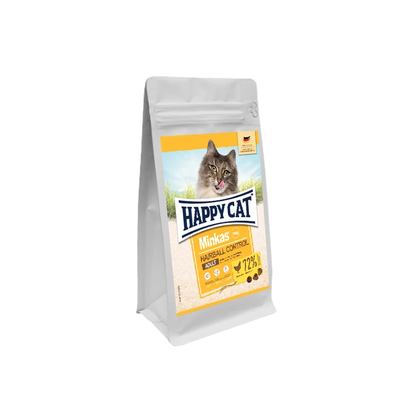 غذای خشک گربه بالغ هپی کت مدل مینکاس ضد گلوله مویی طعم مرغ وزن 1 کیلوگرم