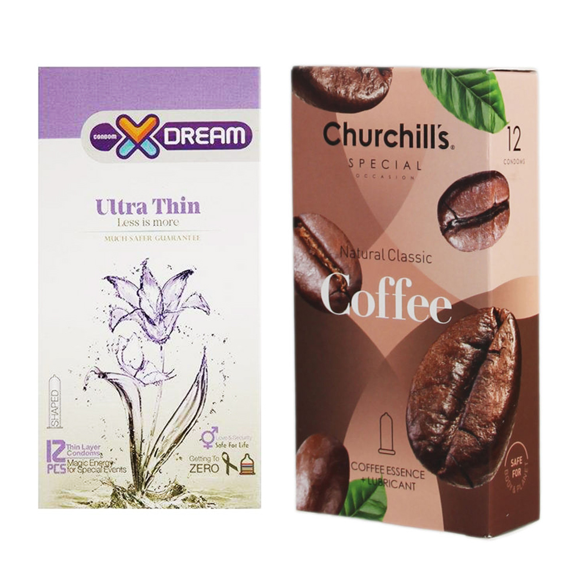 کاندوم چرچیلز مدل Coffee بسته 12 عددی به همراه کاندوم ایکس دریم مدل Ultra Thin بسته 12 عددی