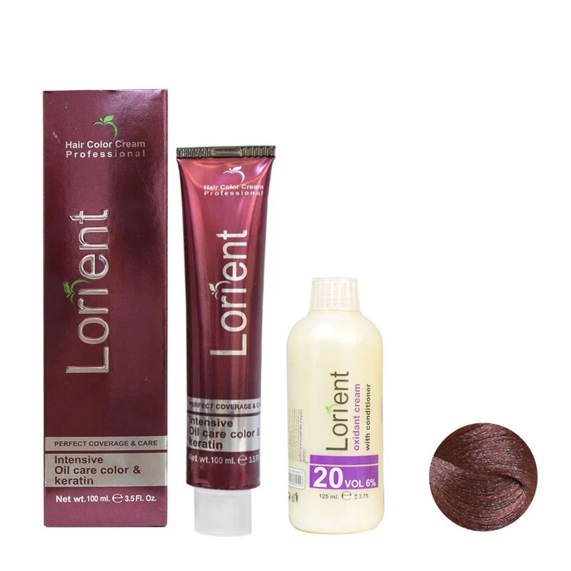 رنگ مو لورینت شماره K4 حجم 100 میلی لیتر رنگ قهوه ای مسی روشن به همراه اکسیدان مدل 1 شش درصدی حجم 125 میلی لیتر