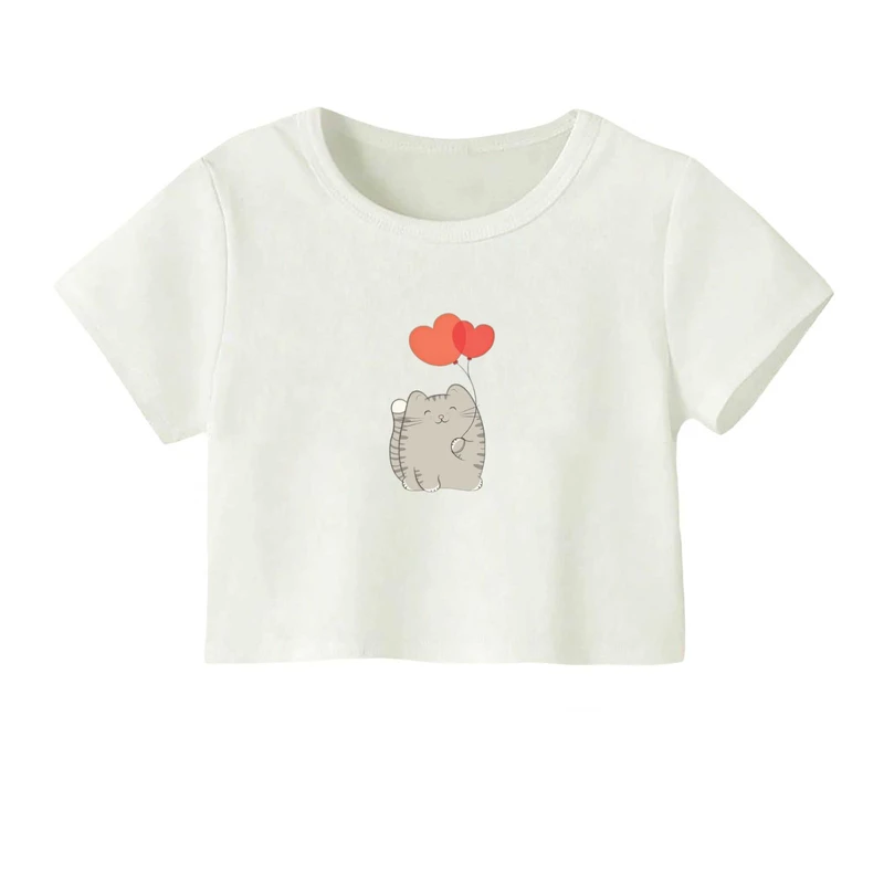 کراپ‌ تی‌شرت آستین کوتاه زنانه مدل گربه و بادکنک قلبی
