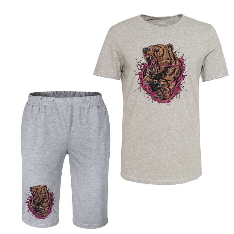 ست تی شرت آستین کوتاه و شلوارک مردانه مدل خرس کد C11 رنگ طوسی