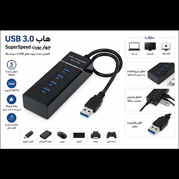 عکس شماره 5 : هاب 4 پورت usb 3.0 هارمن مدل superspeed