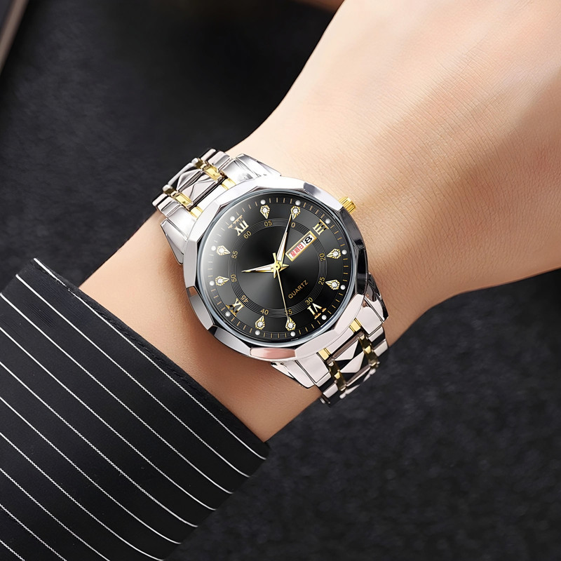 ست ساعت مچی عقربه‌ای زنانه و مردانه مدل کوارتز کلاسیک دی دیت بند استیل طرح تراش الماسی کد C11