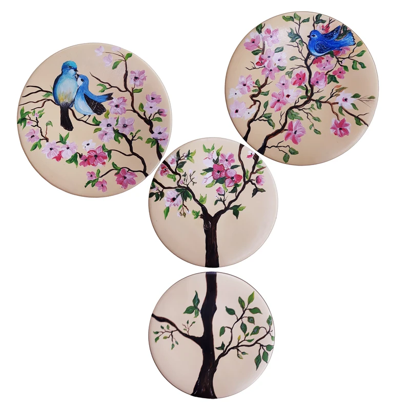 بشقاب دیوارکوب سفالی طرح پرنده کد 003 مجموعه 4 عددی