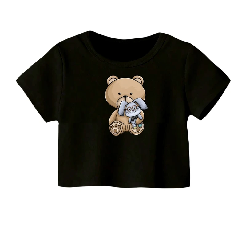 کراپ‌ تی‌شرت آستین کوتاه زنانه مدل خرس و خرگوش