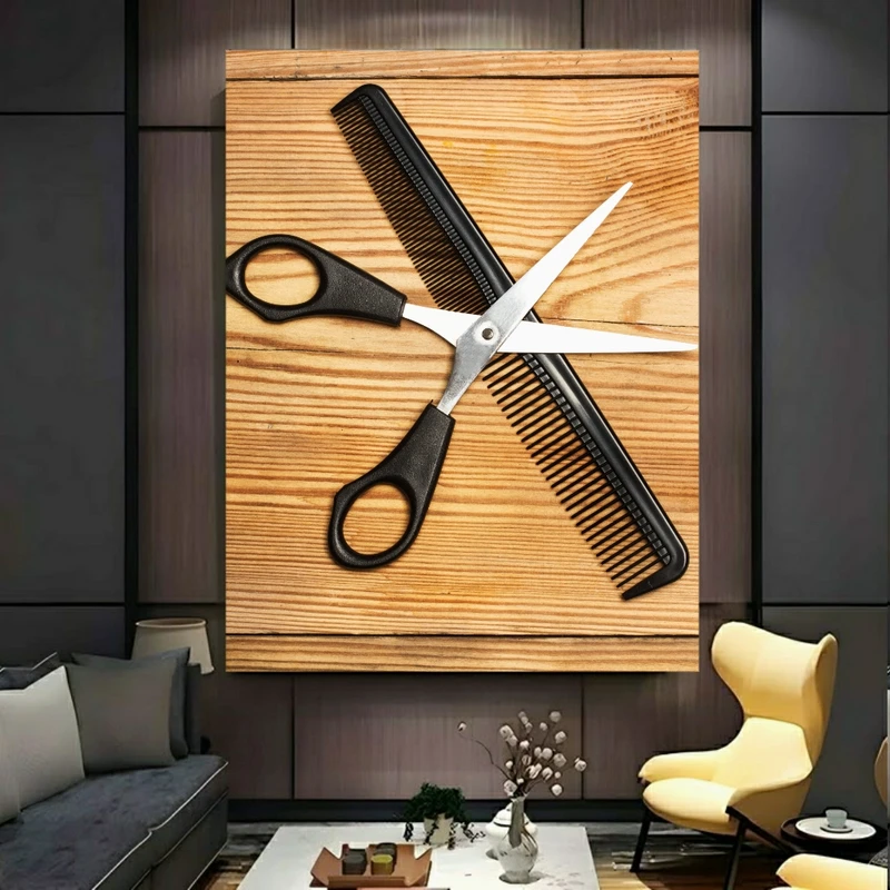 تابلو بوم طرح مخمل  آرایشگری مدل قیچی و شانه روی چوب (2) کد BK27181