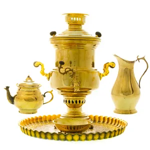 سرویس سماور ذغالی 5 پارچه برنجی مدل استوانه ای کد 4192
