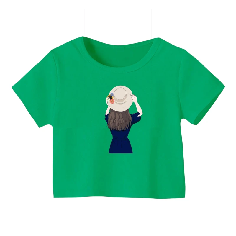 کراپ‌ تی‌شرت آستین کوتاه زنانه مدل دختر کلاه دار