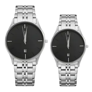 ست ساعت مچی عقربه‌ای کوارتز زنانه و مردانه مدل کلاسیک بند فلزی تقویم دار کد ۱.۲ 