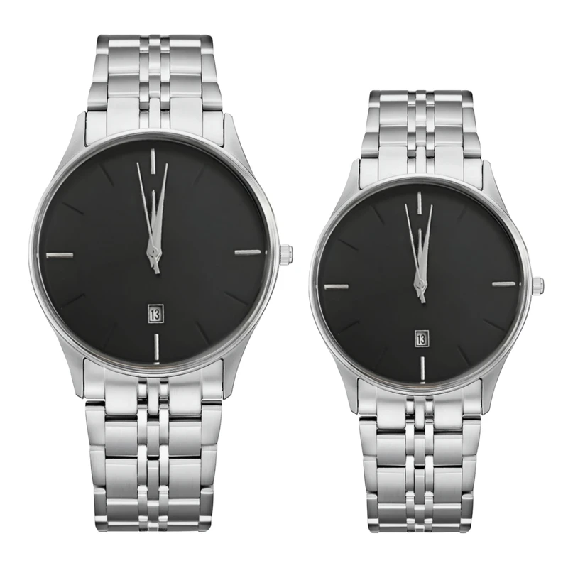 ست ساعت مچی عقربه‌ای کوارتز زنانه و مردانه مدل کلاسیک بند فلزی تقویم دار کد ۱.۲ 